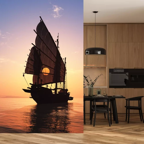 Fototapete Traditionelles chinesisches Schiff auf See