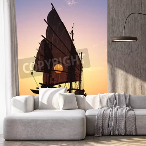 Fototapete Traditionelles chinesisches Schiff auf See