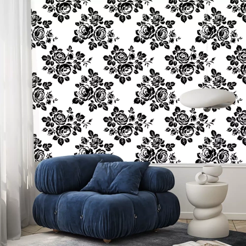 Tapete Monochrome nahtlose Hintergrund mit Vintage Rose Silhouetten. Vector nahtlose Muster