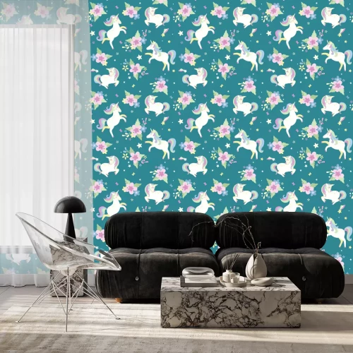 Tapete Einhörner und Blumenarrangements