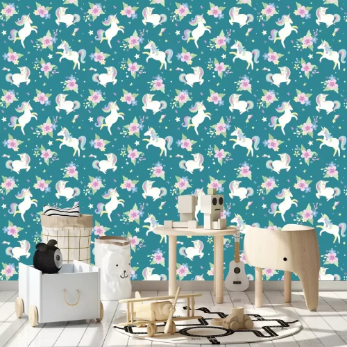 Tapete Einhörner und Blumenarrangements