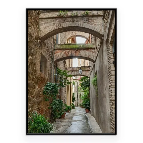 Poster Eine italienische Steinstraße mit Bögen und Topfblumen