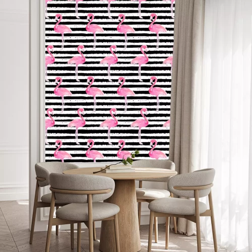 Tapete Aquarell-Flamingos auf schwarz-weißen Streifen