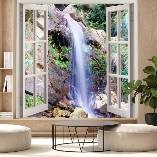 Fototapete Blick durch ein Fenster auf einen Wasserfall