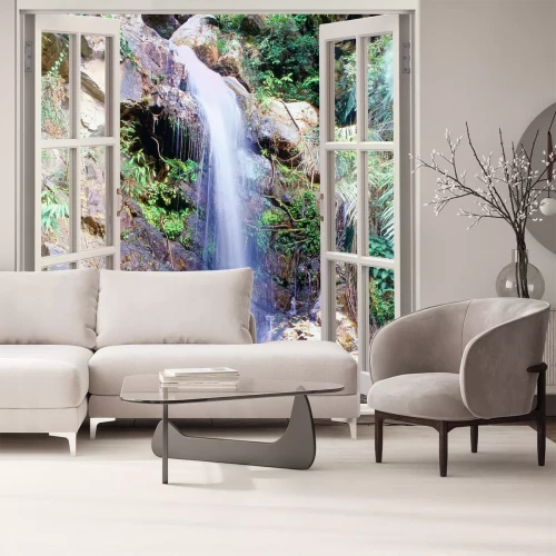 Fototapete Blick durch ein Fenster auf einen Wasserfall