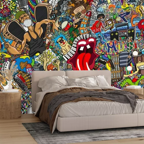 Fototapete Bunte Graffiti-Collage mit Motiven aus Musik und Popkultur