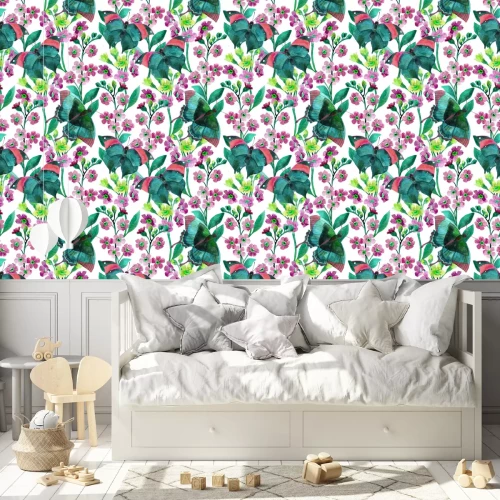 Tapete Schmetterling auf einer lila und grünen Blume