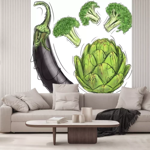 Sticker Grafik mit Aubergine Brokkoli und Artischocke