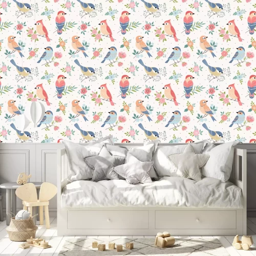 Tapete Bunte Vogelblumen und Tupfen