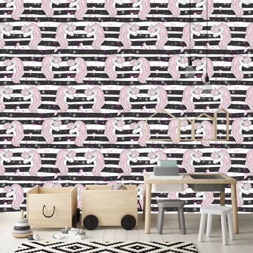 Tapete Streifenmuster von Einhörnern