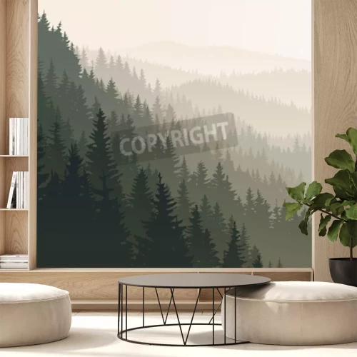 Fototapete Grafischer wald im morgennebel