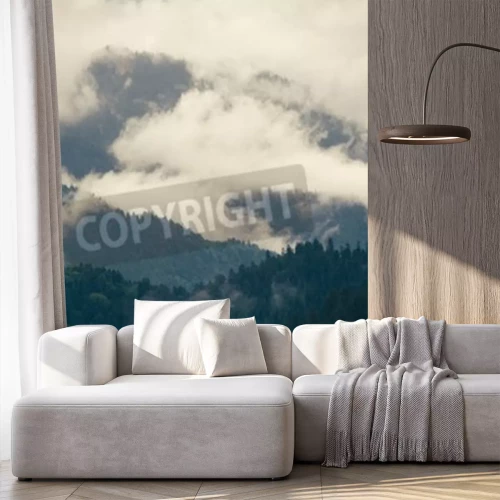 Fototapete Wolken über einem bergwald