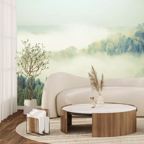 Fototapete Grüne bäume auf nebligem hintergrund