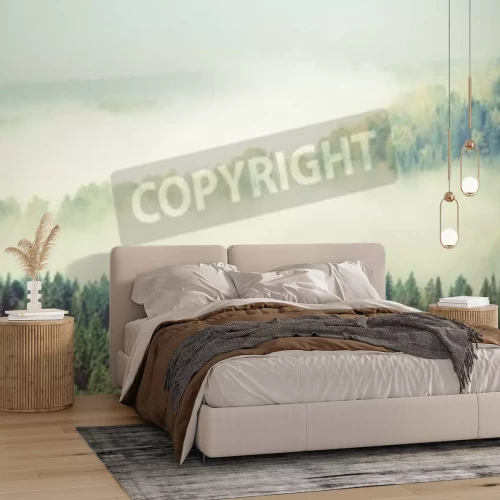 Fototapete Grüne bäume auf nebligem hintergrund