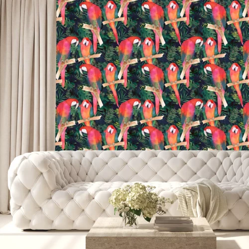 Tapete Aquarellmuster mit exotischen Papageienvögeln