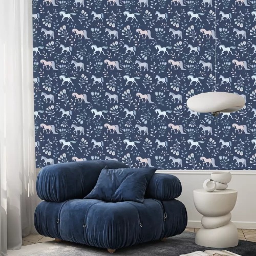 Tapete Pferde und Blumen in Blautönen