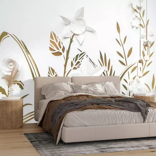 Fototapete Sommer blühende Wiese. Weiße Blumen aus Papier auf einem weißen und goldenen Hintergrund geschnitzt.