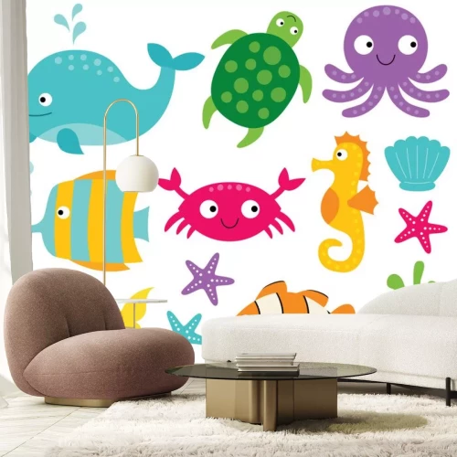 Sticker Bunte Kindergrafik mit Fischen und Muscheln