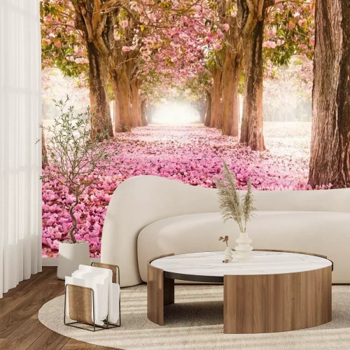 Fototapete Rosa Weg umgeben von Bäumen