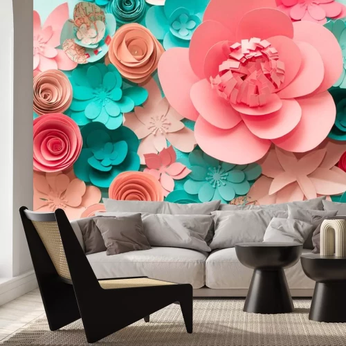 Sticker 3d Papierblumen rosa und türkis