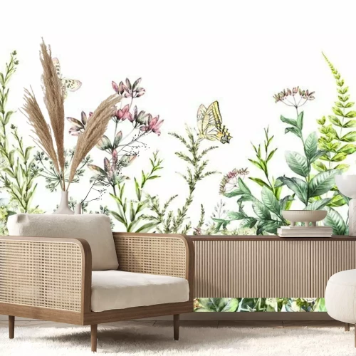 Fototapete Nahtlose rand Grenze mit Kräutern und wilden Blumen, Blätter. Botanische Illustration Bunte Illustration auf weißem Hintergrund. Frühlingszusammensetzung mit Schmetterling