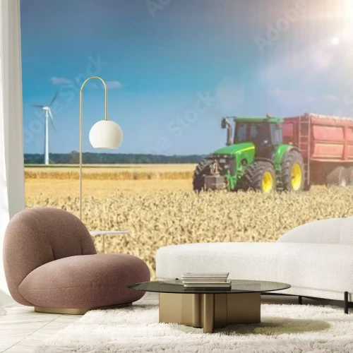 Fototapete Traktor mit einer Windmühle im Hintergrund