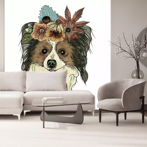 Sticker Papillon Welpen in der exotischen Blume Rosen Kranz Krone. Tätowierungs - oder T - Shirt - Kleidplakat boho Chichundportraitkonzept. Mode-Illustration. Hand gezeichnet Haushund Vektor.