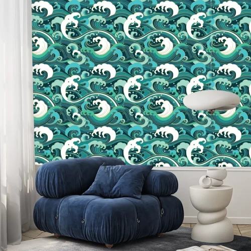 Tapete Japanische Wellen in Meerestönen