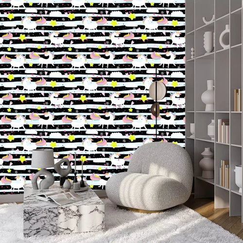 Tapete Einhörner auf schwarz-weiß gestreiftem Hintergrund