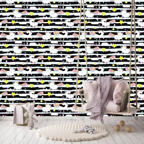 Tapete Einhörner auf schwarz-weiß gestreiftem Hintergrund