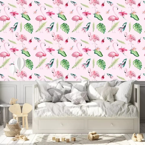 Tapete Muster mit tropischen Flamingos und Pflanzen auf rosa Hintergrund