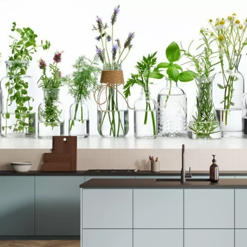 Fototapete Flasche ätherisches Öl mit Kräutern