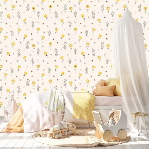 Tapete Blümchen und kleine Marienkäfer