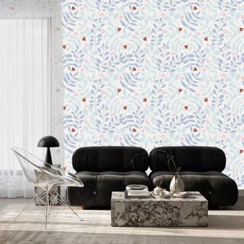 Tapete Pastellblätter und Marienkäfer