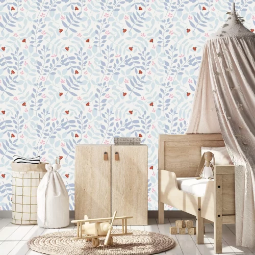 Tapete Pastellblätter und Marienkäfer