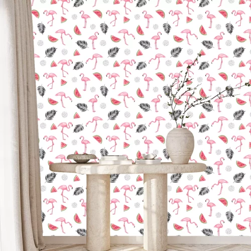Tapete Flamingos unter Wassermelonen und Blättern