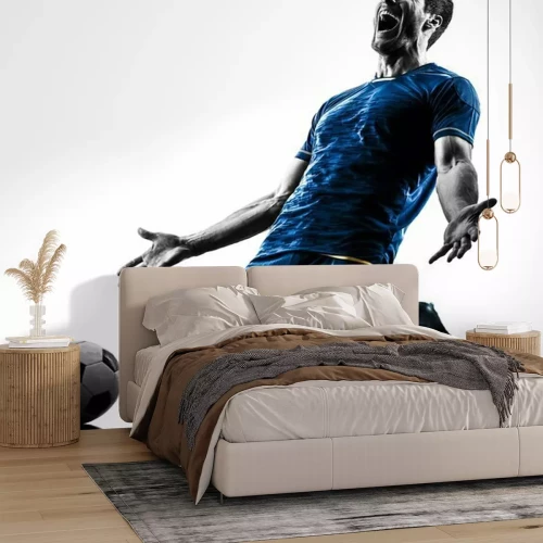 Sticker Lachender kniender Fußballspieler Foto blau-grau