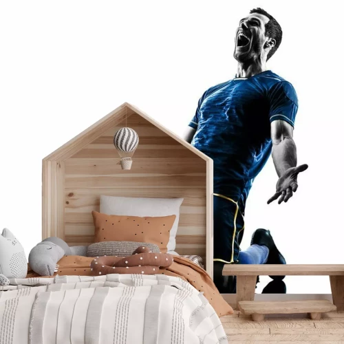 Sticker Lachender kniender Fußballspieler Foto blau-grau