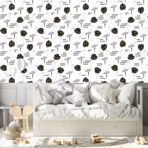 Tapete Bemalte Flamingovögel und Monsterblätter