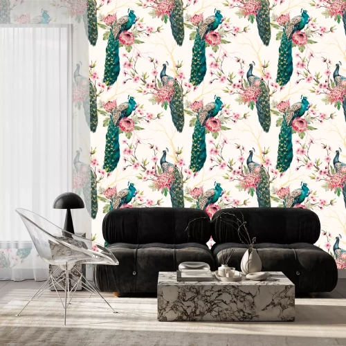 Tapete Helles Motiv mit Pfauenvögeln und rosa Blüten