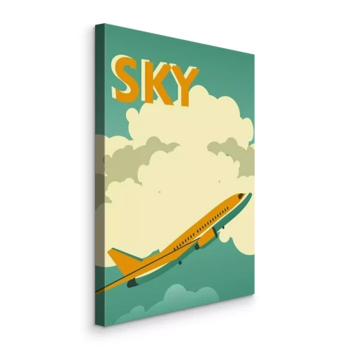 Bild Ein Flugzeug vor den Wolken und das Wort Himmel in einem Vintage-Zeichenstil