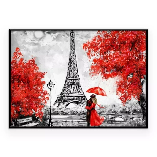 Poster Ein Paar unter einem Regenschirm vor dem Hintergrund des Eiffelturms.