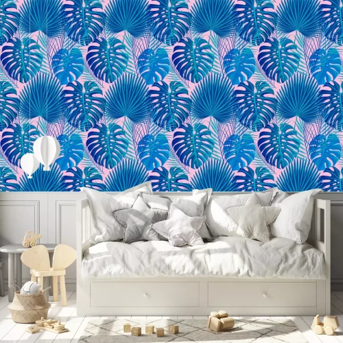 Tapete Tropische Blätter auf rosa Hintergrund