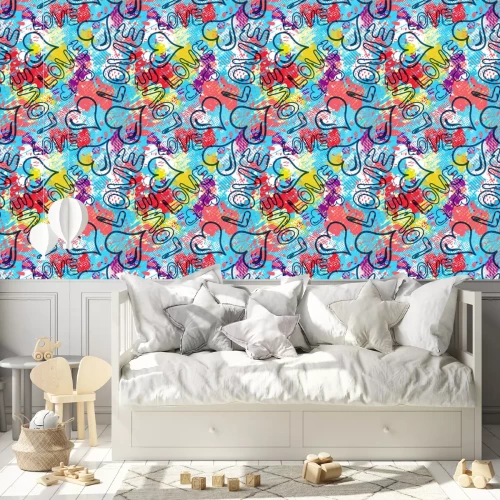 Tapete Buntes Graffiti mit Aufschriften und Herzen