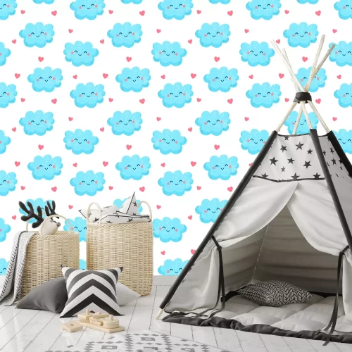 Tapete Blaue Wolken und rosa Herzchen