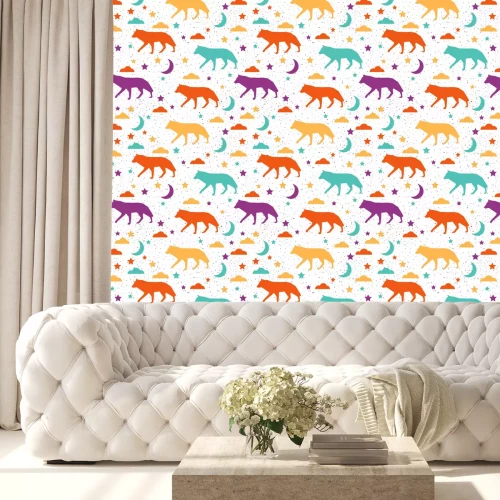 Tapete Bunte Silhouetten von Wölfen mit Sternen und Wolken