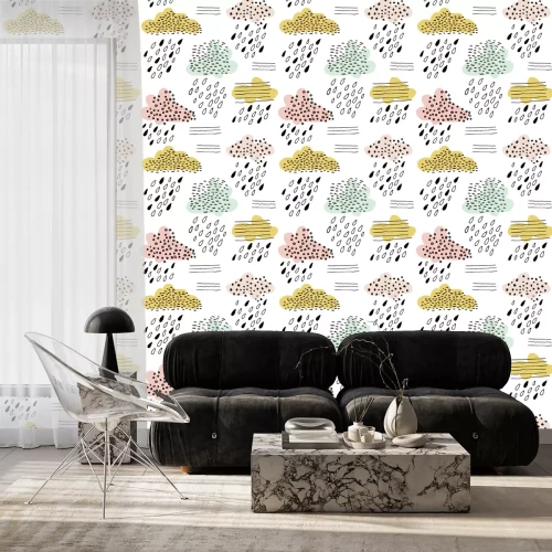 Tapete Nahtlose Muster mit Wolken und Hand gezeichnet Formen. Kreative Vektor kindischen Hintergrund für Stoff, Textil