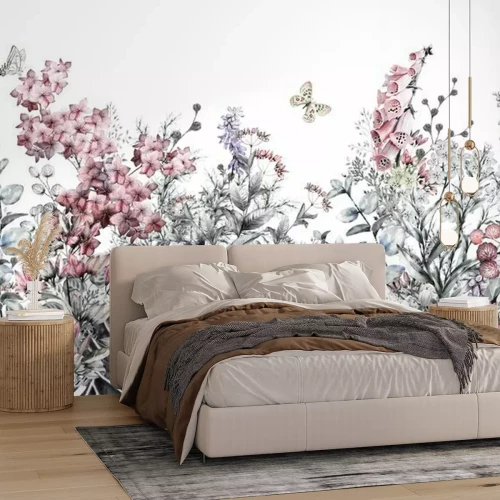 Fototapete Nahtlose rand Grenze mit Kräutern und wilden Blumen, Blätter. Botanische Illustration Bunte Illustration auf weißem Hintergrund. Frühlingszusammensetzung mit Schmetterling