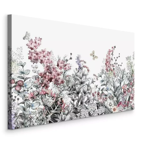 Bild Nahtlose rand Grenze mit Kräutern und wilden Blumen, Blätter. Botanische Illustration Bunte Illustration auf weißem Hintergrund. Frühlingszusammensetzung mit Schmetterling