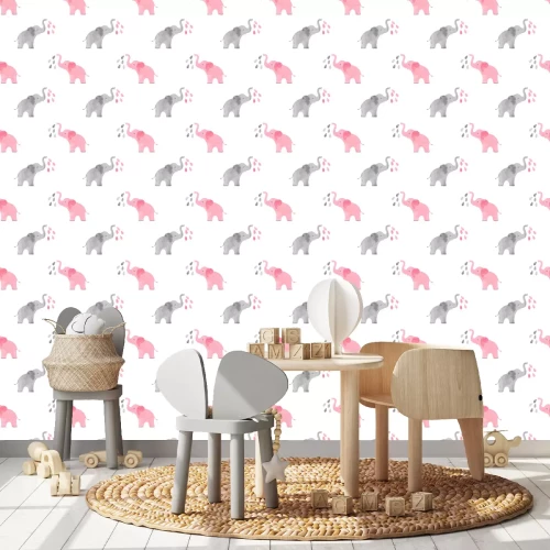 Tapete Graue und rosa Aquarellelefanten